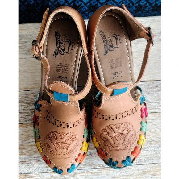 Mexican Platform Espadrille Sandal Huarache Leather Tan with Colorful Accents 7M - Picture 9 of 10